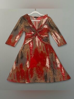 Knot-Front Red Multi-Print A-Line Dress